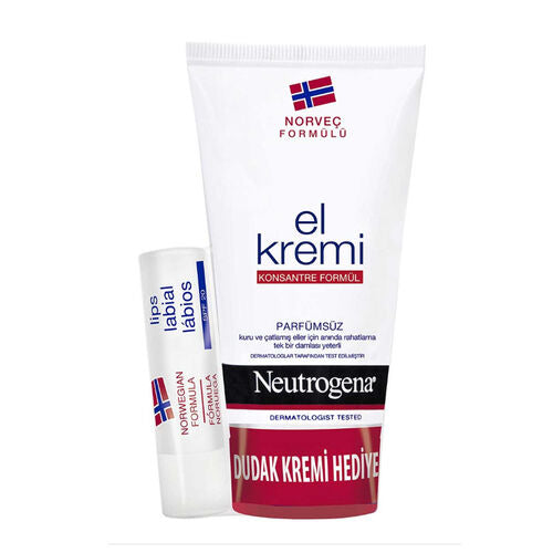 Neutrogena Parfümsüz El Kremi 75 ml + Dudak Kremi 4,8 g HEDİYE